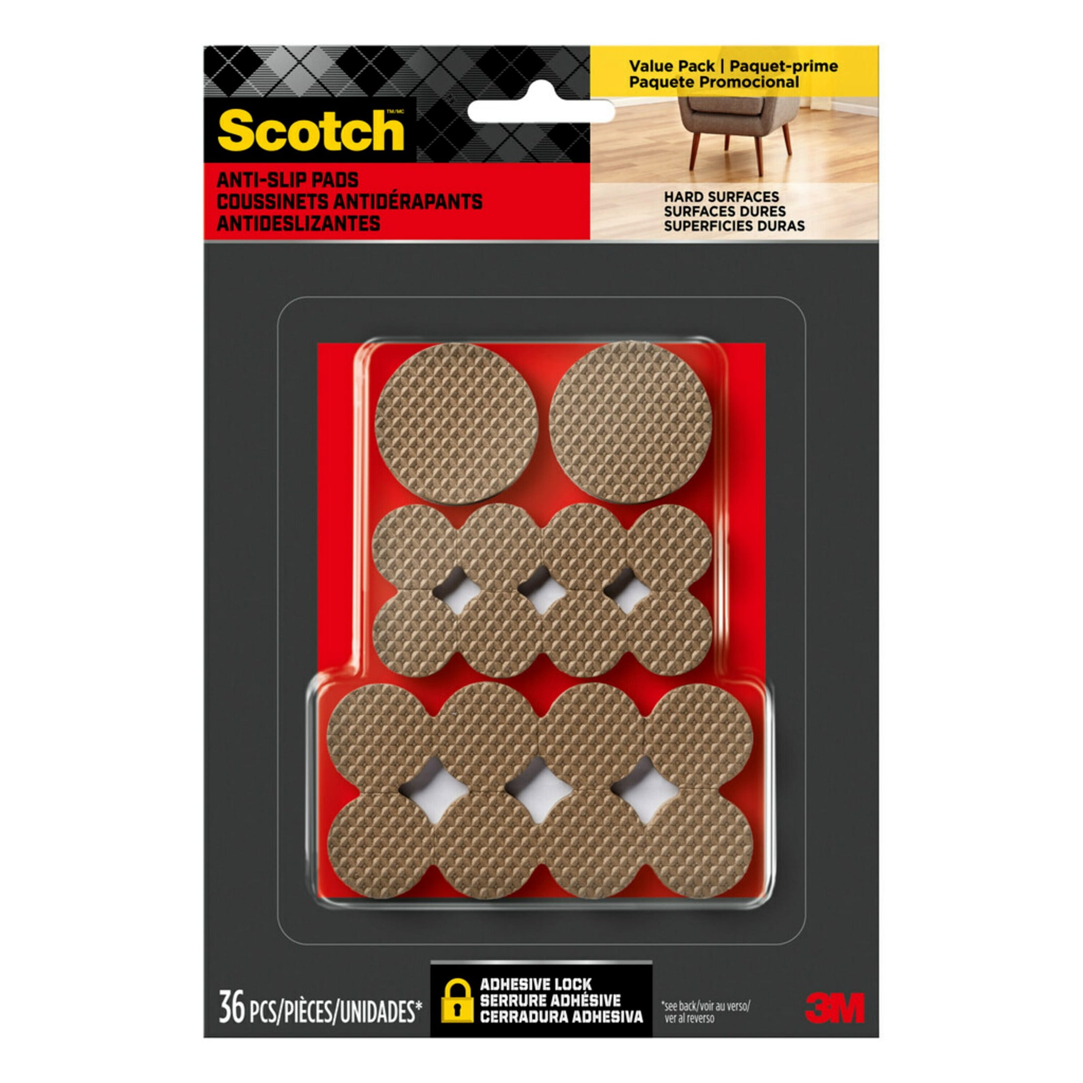 Scotch™ Gripping Pads Value Pack, Assorted Sizes, Brown, 36 Pads