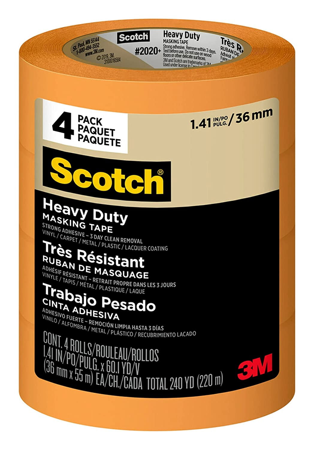 Scotch Heavy Duty Masking Tape, 1.41 in x 60.1 yd, 2020+-36EP4, 4 Rolls