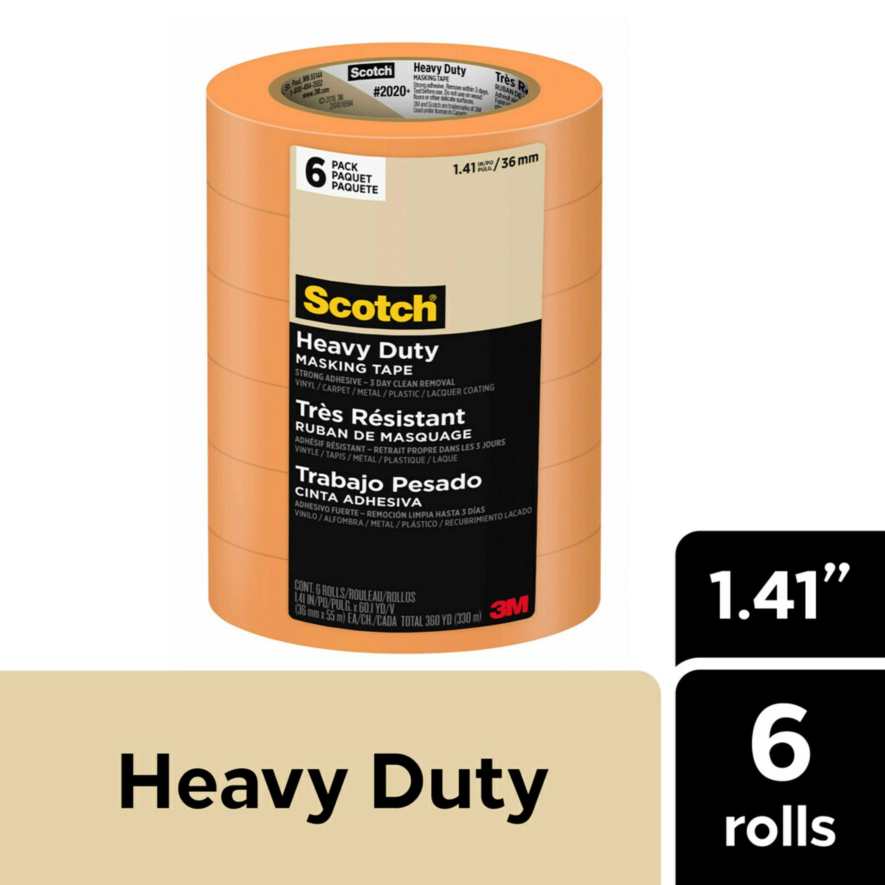 Scotch Heavy Duty Masking Tape, 1.41 in x 60.1 yd, Orange, 6 Rolls