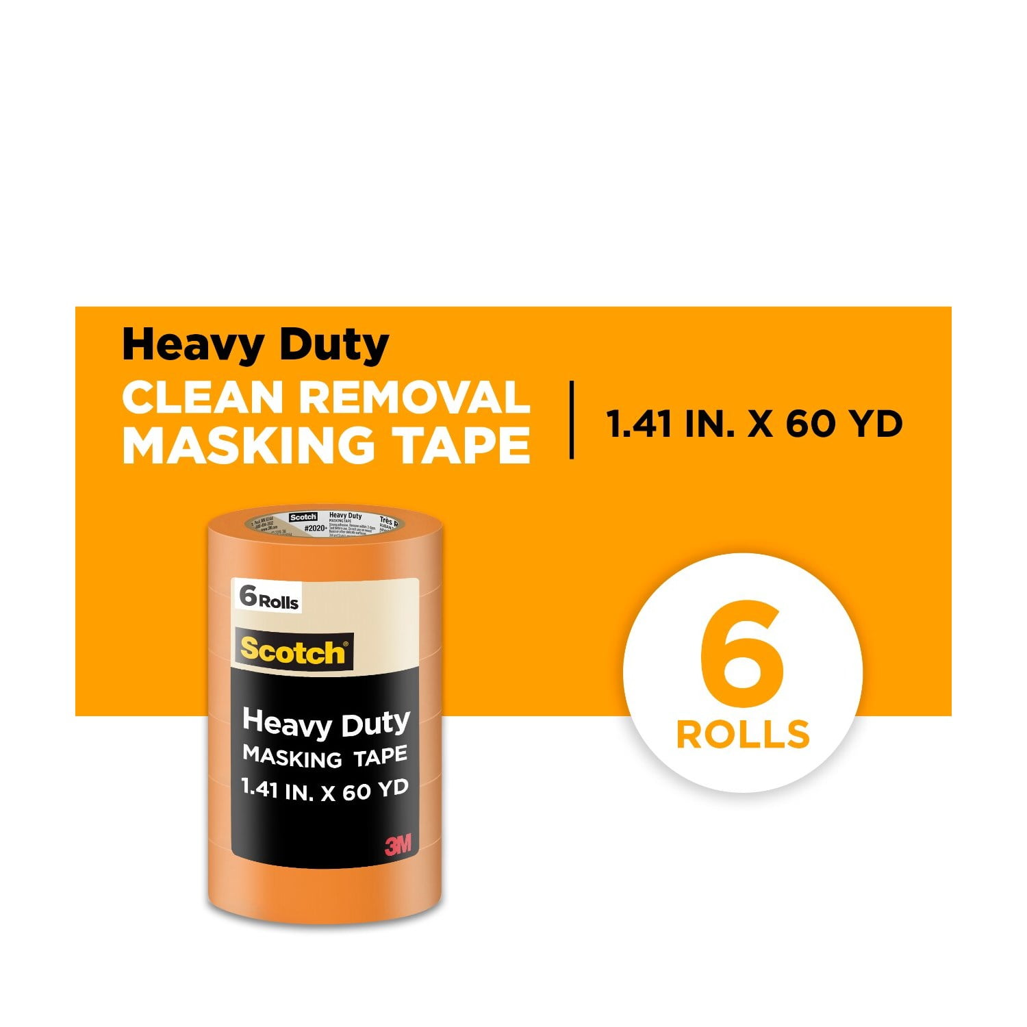 Scotch Heavy Duty Masking Tape, 1.41 in x 60.1 yd, Orange, 6 Rolls