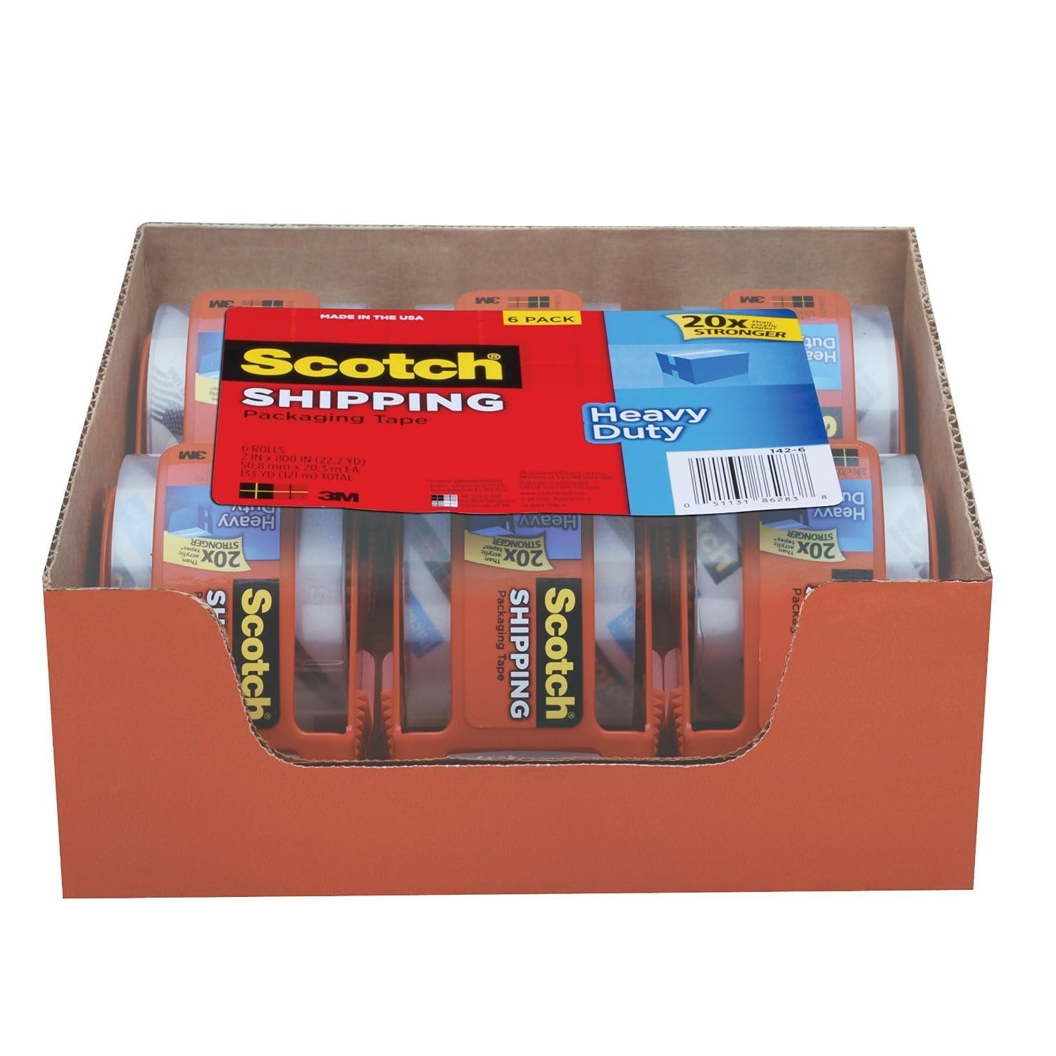 Scotch Heavy Duty Packaging Tape, 1.88 Inches x 800 Inches, 142-6, 2 Packages of 6 Rolls with Dispenser — Residential Use, Standard Application