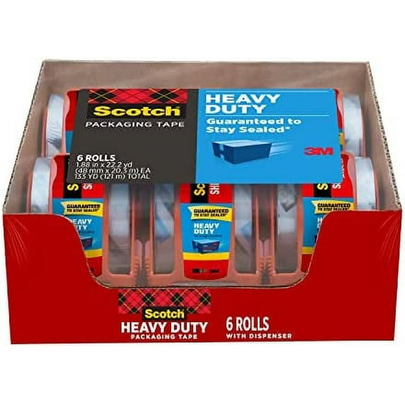 Scotch Heavy Duty Packaging Tape, 1.88" x 22.2 yd, Designed for Packing, Shipping and Mailing, Strong Seal on All Box Types, 1.5" Core, Clear, 6 Rolls with Dispenser (142-6)