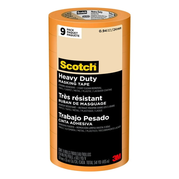 Scotch Heavy Duty Painter's Tape, 9 Rolls, 0.94 in x 60.1 yd, for Use On Vinyl, Carpet, Metal, & Plastic, Indoor & Outdoor Masking Tape, Bonds Aggressively, 3-Day Clean Removal 2020+-24AP9