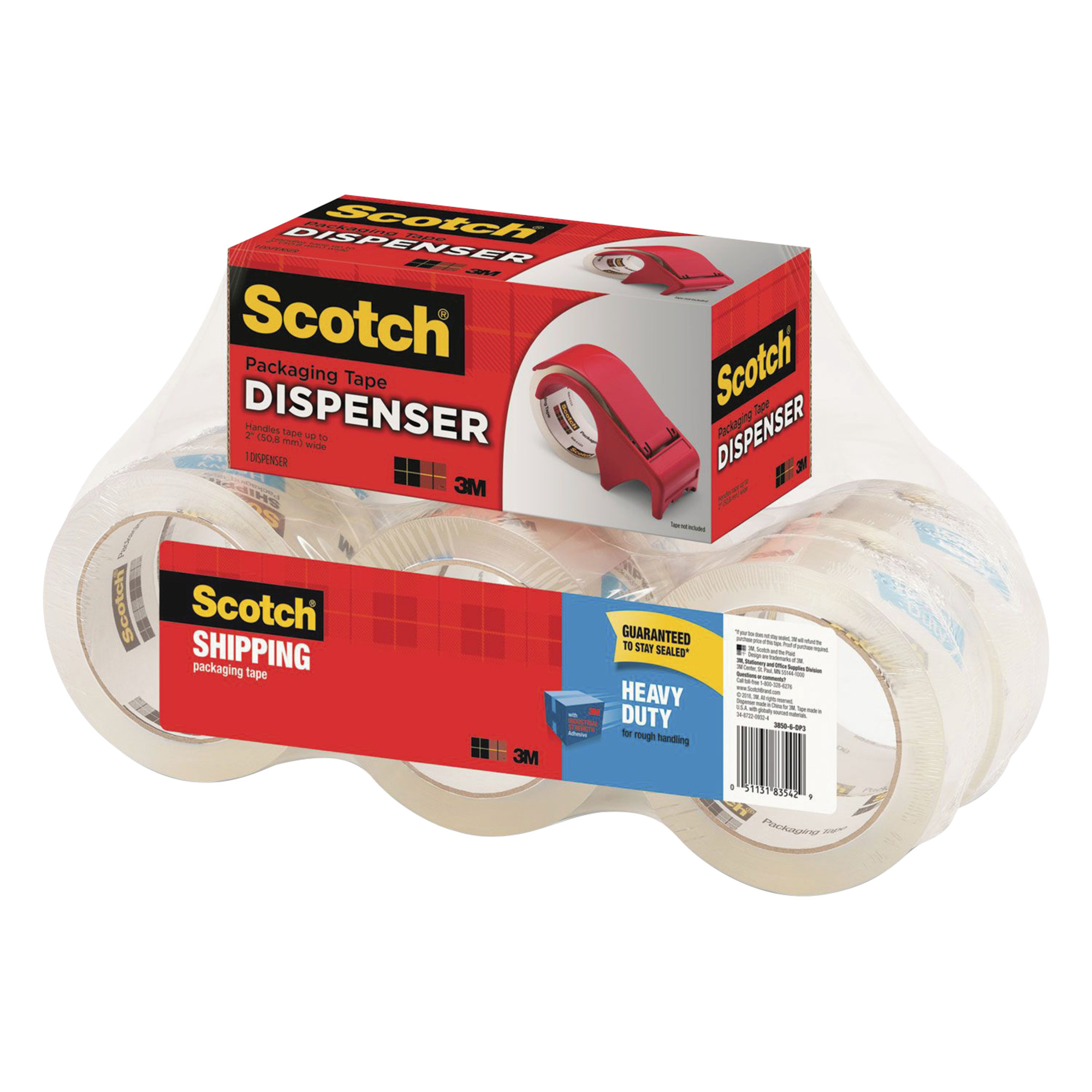 Scotch Heavy Duty Shipping Packaging Tape, 1.88 Inches x 54.6 Yards, Clear,  Set of Rolls and Dispenser