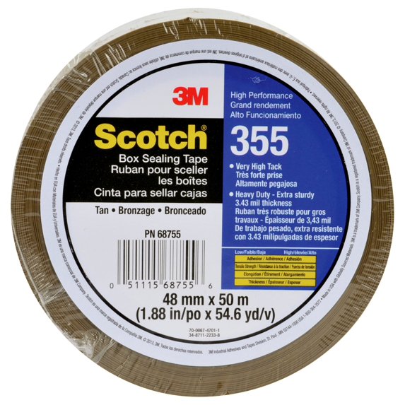 Scotch High Performance Box Sealing Tape 355 Tan, 48 mm x 50 m, 36 Individually Wrapped Rolls Per Case, Conveniently Packaged