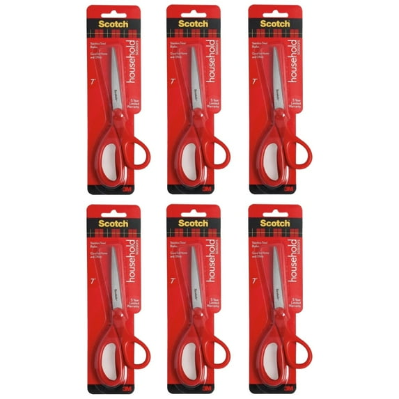 Scotch Household Scissors 7 in Right Left Hand Stainless Steel Blade Red, 6 Pack