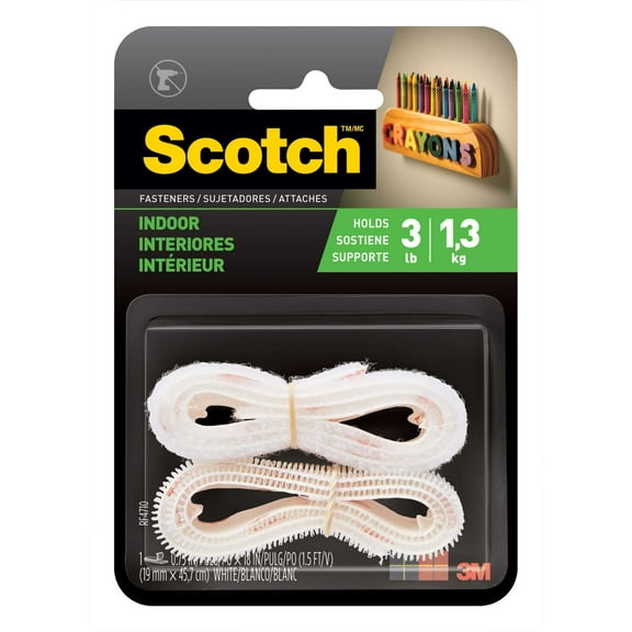 Scotch Indoor Hook & Loop Fasteners, White, Holds 3 lbs, 3/4 in x 1.5 ft, 1 Count