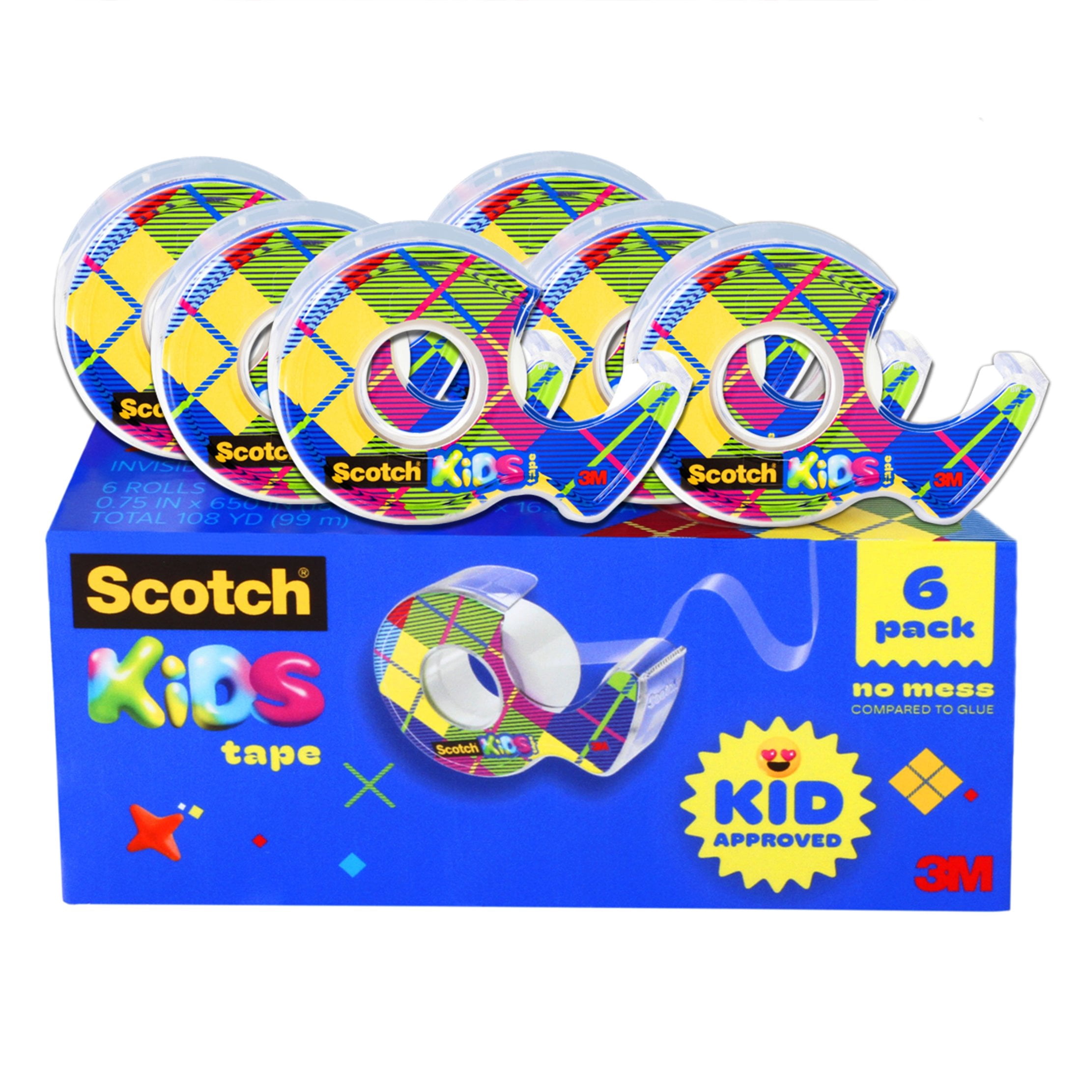 Scotch Kids Tape Dispenser, Invisible, Kid Approved No Mess Fun, 3/4 in x 650 in, 6 Tape Rolls with Dispensers