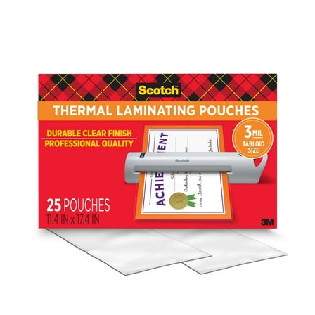 Scotch Thermal Laminating Pouches, Tabloid Size, 11.4 in x 17.4 in, 3 Mil, 25 Pouches