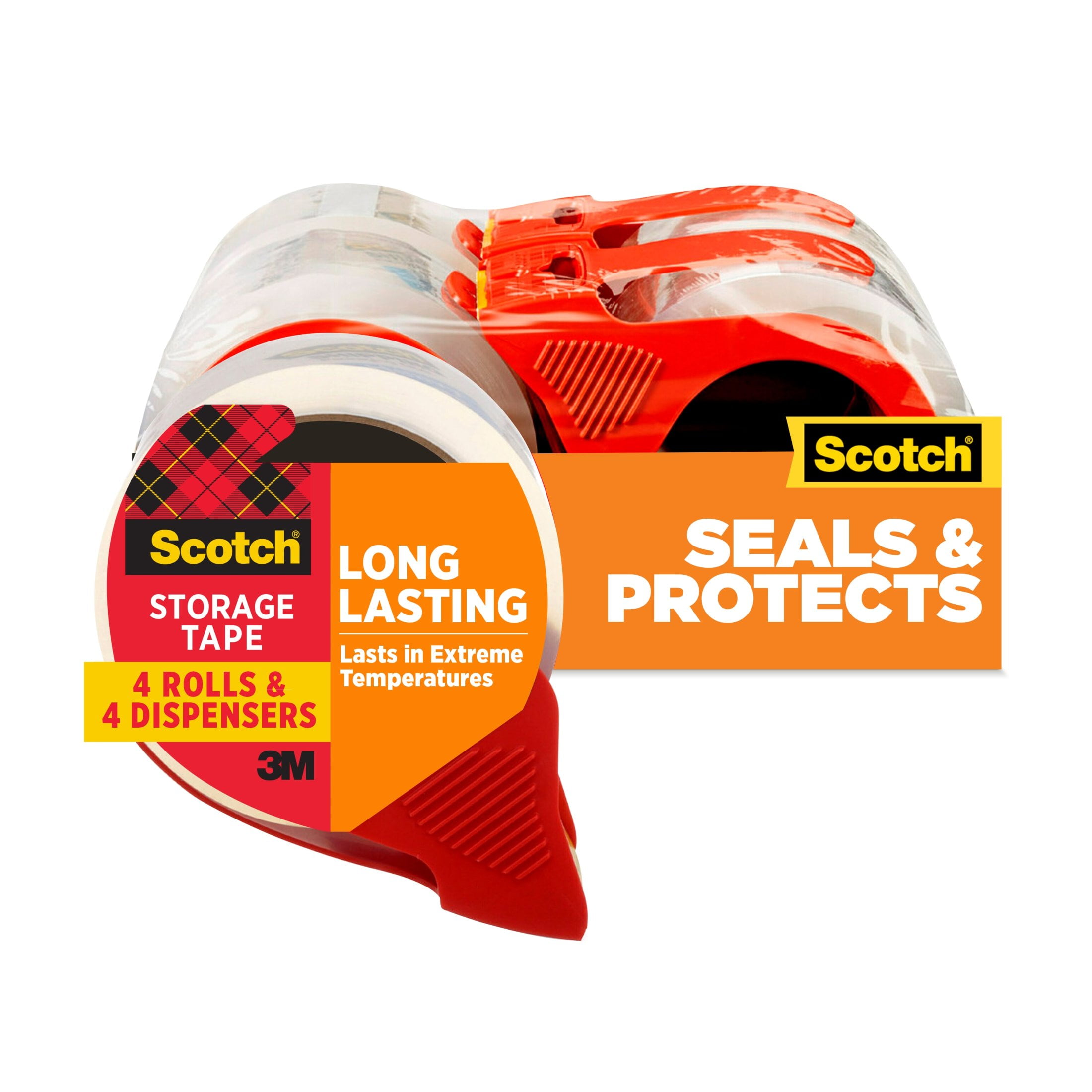 Scotch Long Lasting Storage Packaging Tape with Dispenser, Clear, 1.88 in x 38.2 yd, 4 Rolls and Dispensers