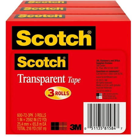 Scotch® Transparent Tape, 1" x 2,592", Clear, Pack Of 3 Rolls