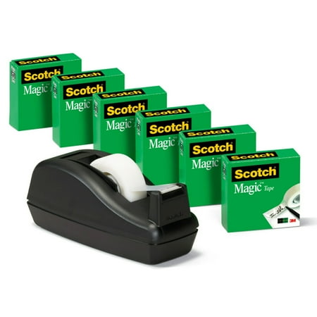 Scotch Magic Tape, Black Dispenser, Value Pack, 3/4" x 1000", 6 Rolls, 1 Dispenser