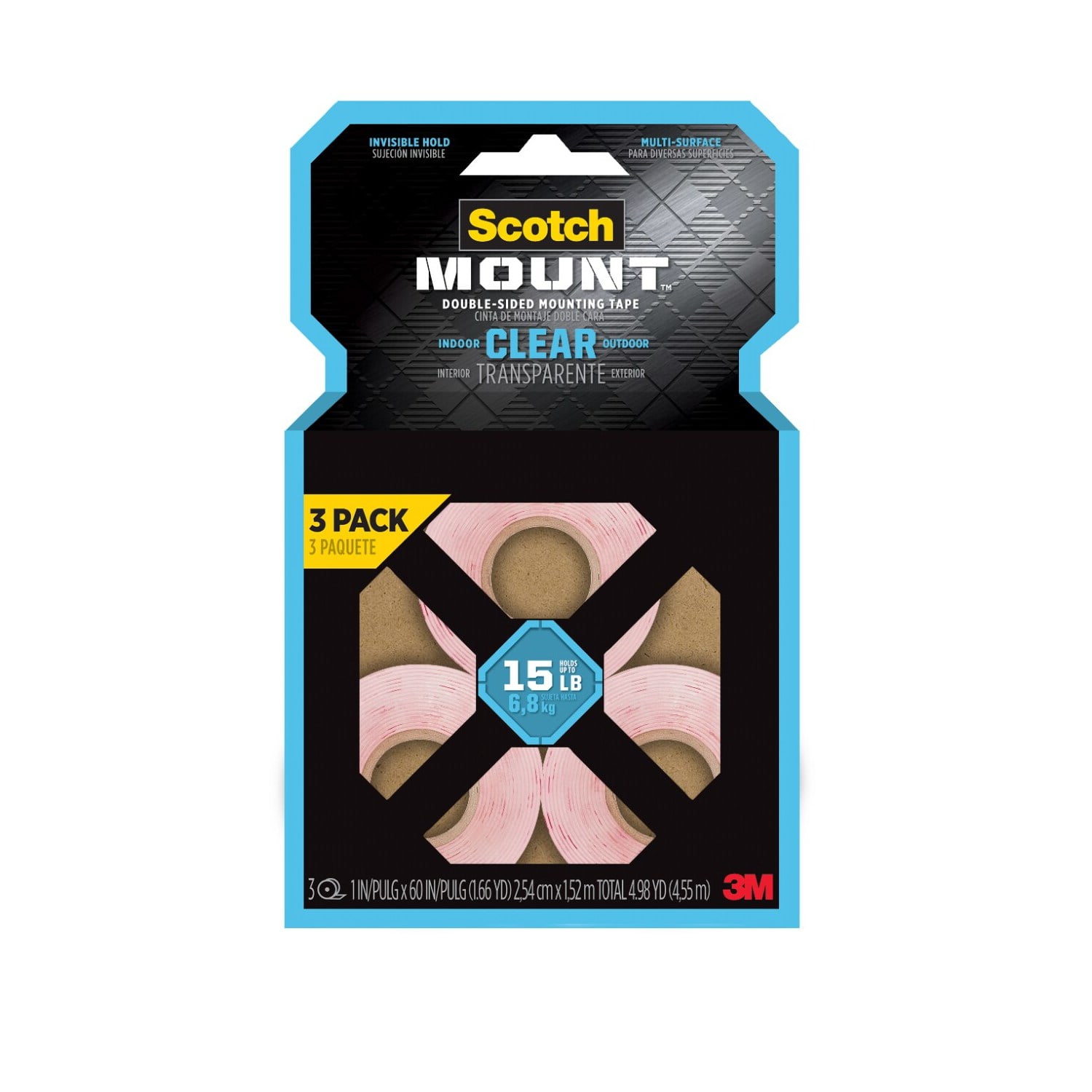 Scotch-Mount Double-Sided Mounting Tape, Clear, 1 in x 60 in, Holds 15 lbs, 3 Rolls