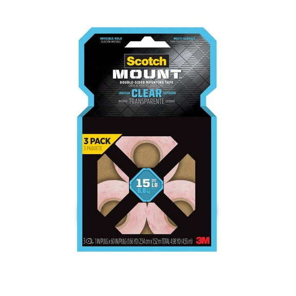 Scotch-Mount Double-Sided Mounting Tape, Clear, 1 in x 60 in, Holds 15 lbs, 3 Rolls