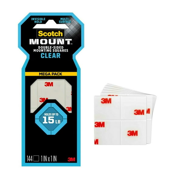 Scotch Mount Double Sided Mounting Tape Squares, 1 x 1 in, Clear, 144 Pack