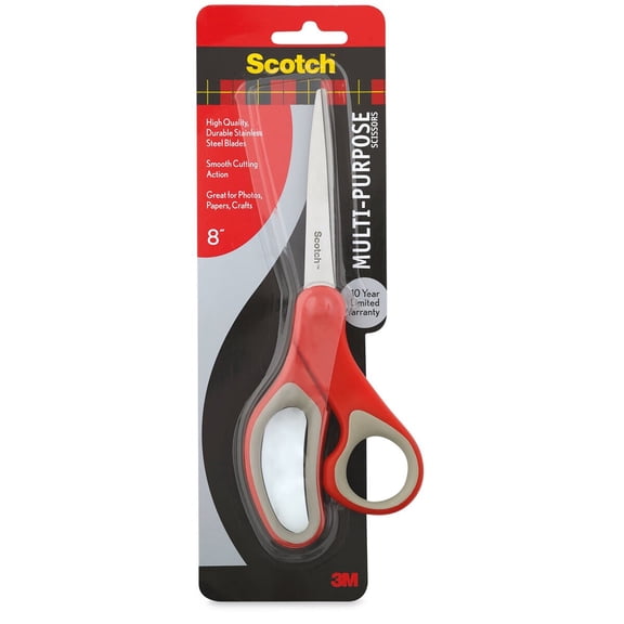 Scotch Multi-Purpose Stainless Steel Scissors, 8", Sharp Edge, Red & Grey