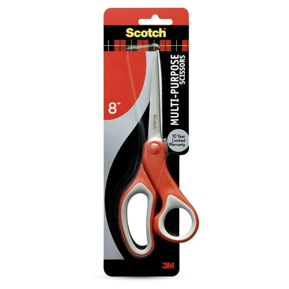 Scotch Multi-Purpose Stainless Steel Scissors, 8", Sharp Edge, Red & Grey