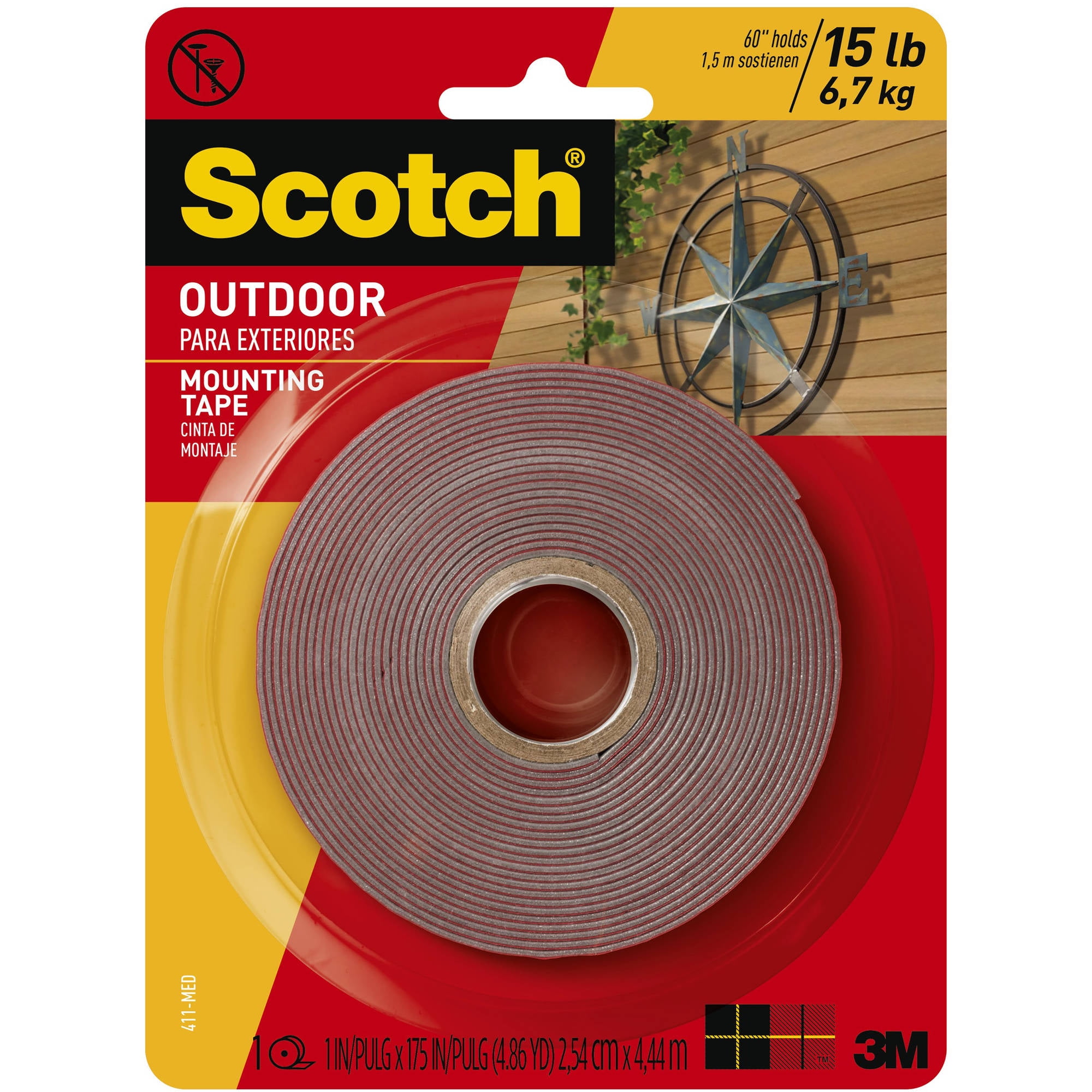 Scotch Outdoor Mounting Tape, 1 in. x 175 in., Gray, 1 Roll/Pack