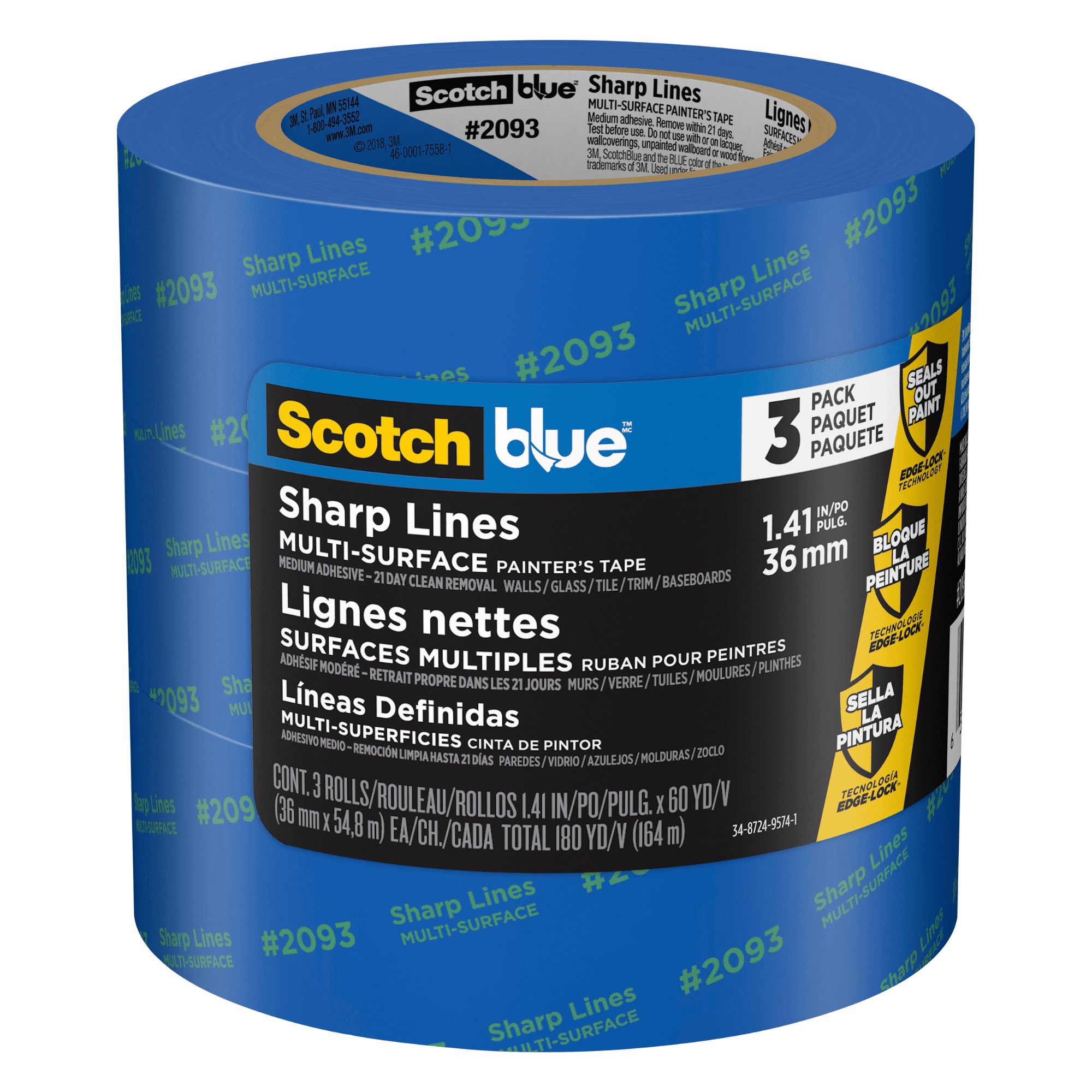 Scotch Painter's Tape 2093-36AC3 Sharp Lines Painters Tape, 1.41 in x 60 yds, Blue, 3 Rolls