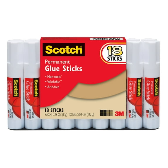 Scotch Permanent Glue Stick, .28 oz, 18/Pack