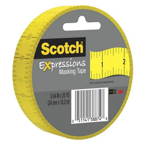 Scotch Expressions Ruler Print Masking Tape, Yellow, 0.94 in x 20 yd, 1 Roll for Crafts, DIY, Classroom Decor