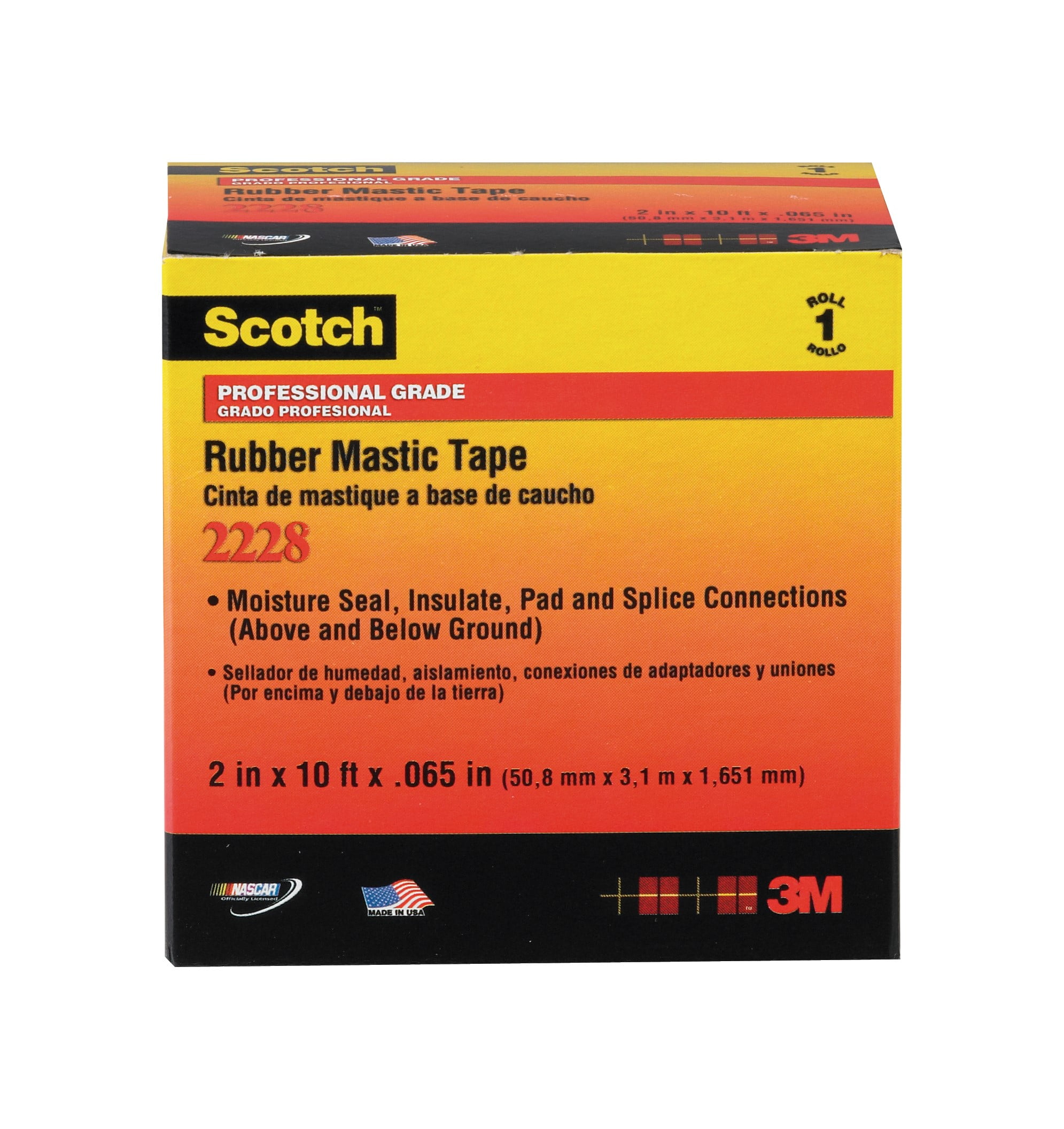 Scotch Rubber Mastic Tape 2228, 1 in x 10 ft, Black, 1 roll/carton, 12 rolls/Case