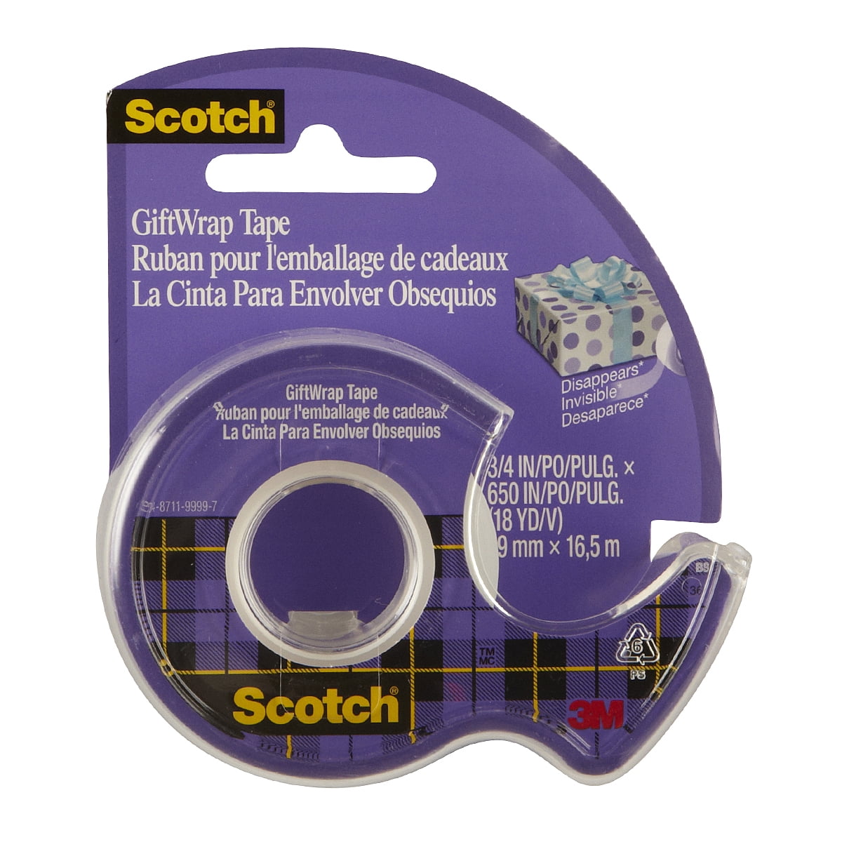 Scotch® Satin Finish Giftwrap Tape, Clear, 12 Rolls, 3/4" x 650" (19mm x 16.5m)
