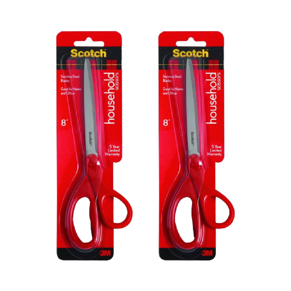 Scotch Scissors 1408 Home Office Right Left Hand Cutting 8 inch Stainless Steel Blades Red, 2-Pack