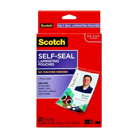 Scotch Self-Seal Laminating ID Clip Pouches, 2.5" x 3.5", 25 Count