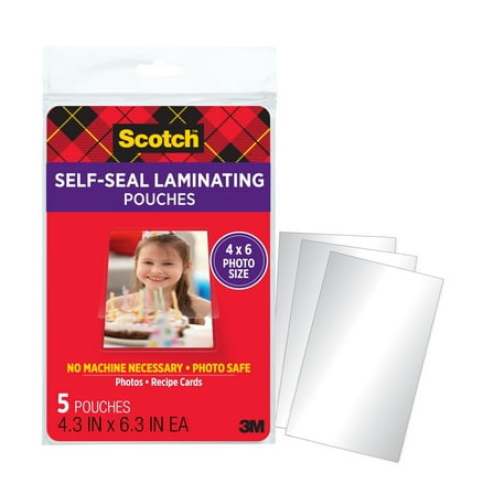 Scotch Self-Sealing Laminating Pouches 4.3 in x 6.3 in, Gloss Finish, 5 Pouches