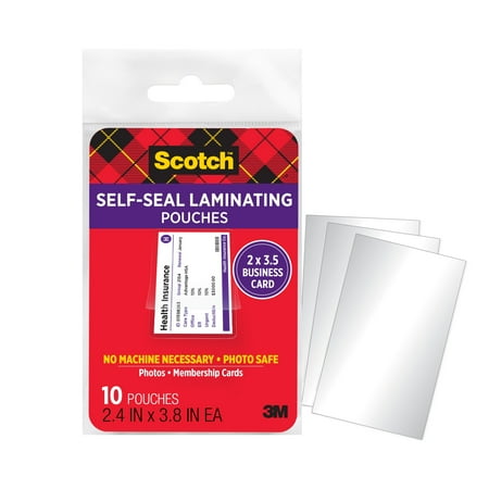 Scotch Self-Sealing Laminating Pouches, Business Card Size, 2.4 in x 3.8 in, 10 Pouches
