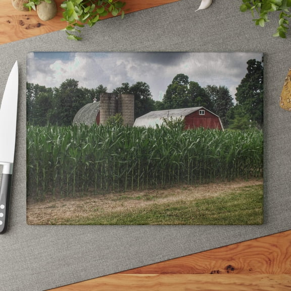 U R There Photography Scotch Settlement Reds Rustic Farmhouse Tempered-Glass Cutting Board 11"x 15"