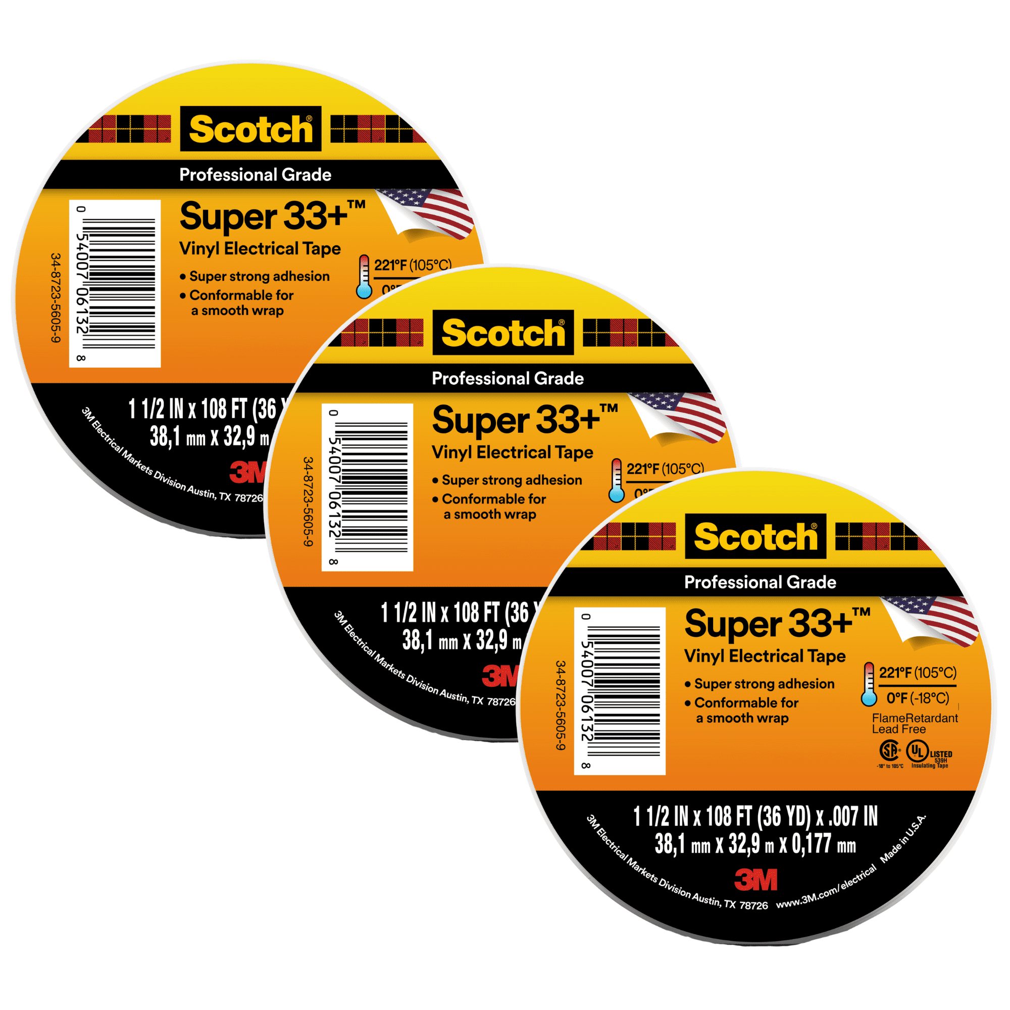 Scotch Super 33+ Vinyl Electrical Tape: 1-1/2 in. x 36 yds. (Black) [3-pack]