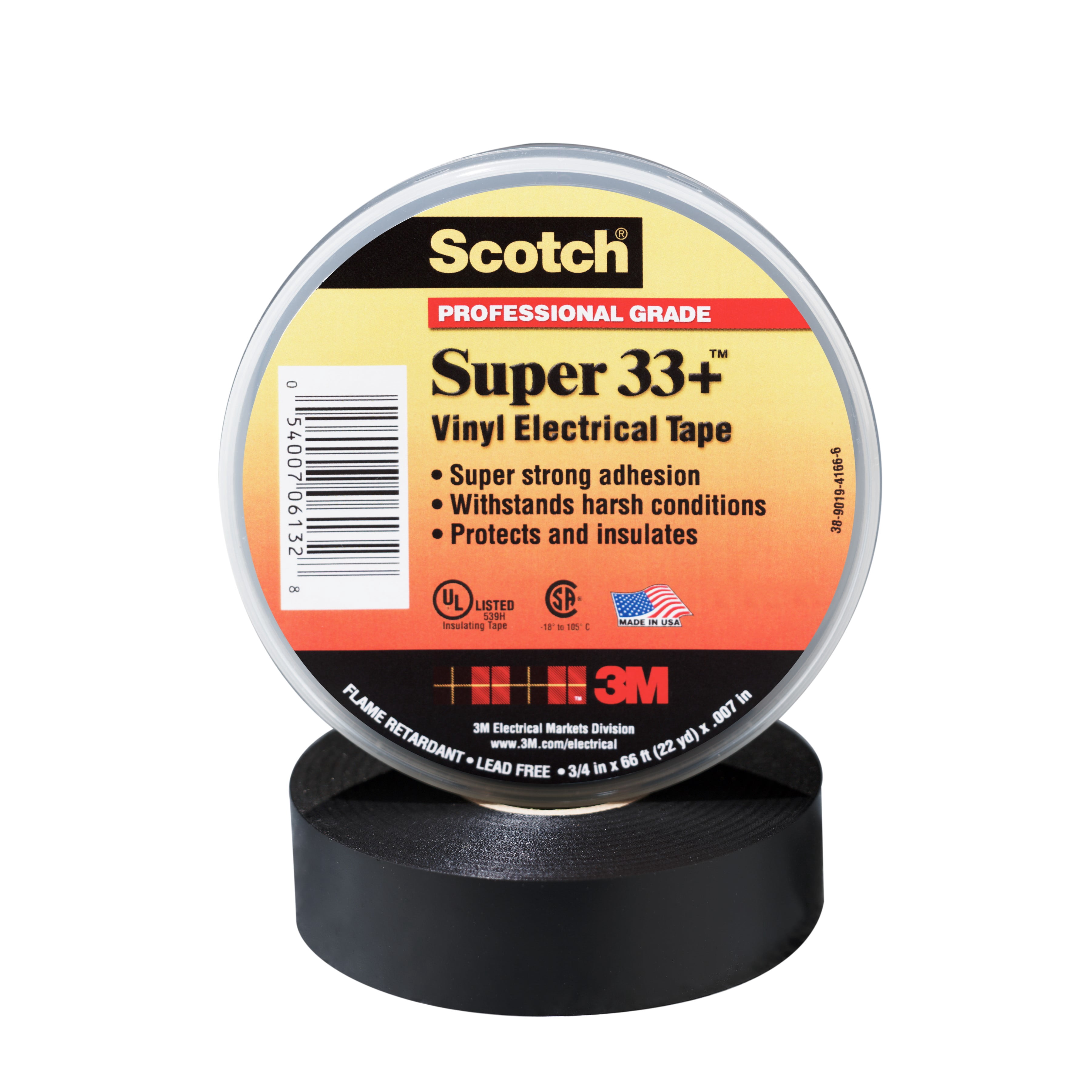 Scotch Super 33+ Vinyl Electrical Tape, 3/4 in x 66 ft, 1-1/2 in Core, Black, 100 rolls/Case