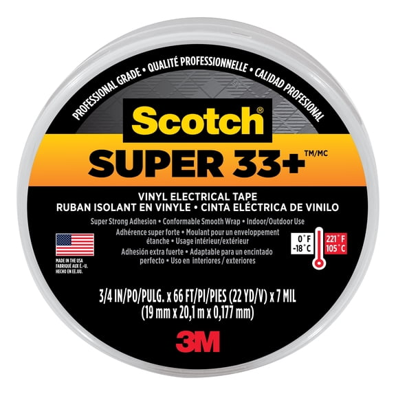 Scotch Super 33+ Vinyl Electrical Tape, 6132-BA-10, 3/4 in x 66 ft x0.007 in (19 mm x 20,1 m x 0.177 mm), 10/case