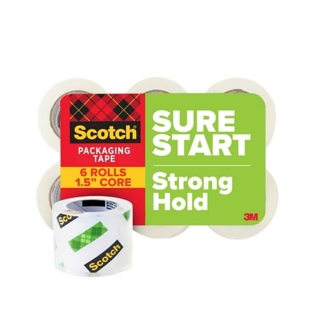 Scotch Sure Start Packaging Tape, 1.5” Core, Clear, 1.88" x 900", 6 Rolls