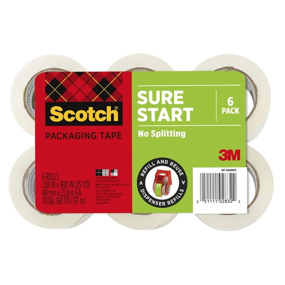 Scotch Sure Start Packing Tape 6-Pack, 1.88 x 25 yd Rolls Quiet Easy Unwind, Strong Seal for Shipping & Moving Boxes, No Splitting or Tearing, Clear Adhesive Tape Refill for Packing/Mailing
