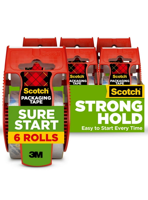 Scotch Sure Start Packing Tape, Clear, 1.88 in. x 22.2 yd., 6 Tape Rolls with Dispensers