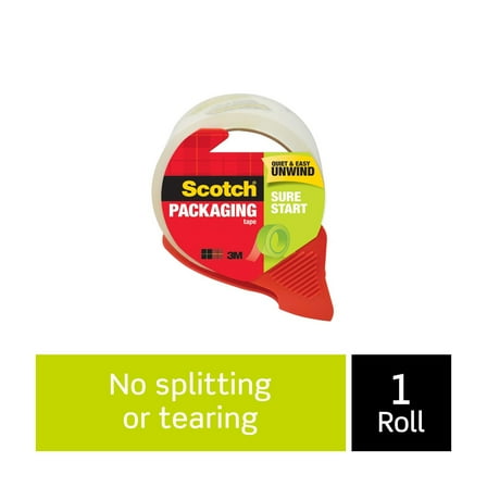 Scotch Sure Start Packing Tape, Clear, 1.88 in x 38.2 yds, 1 Tape Roll with Dispenser