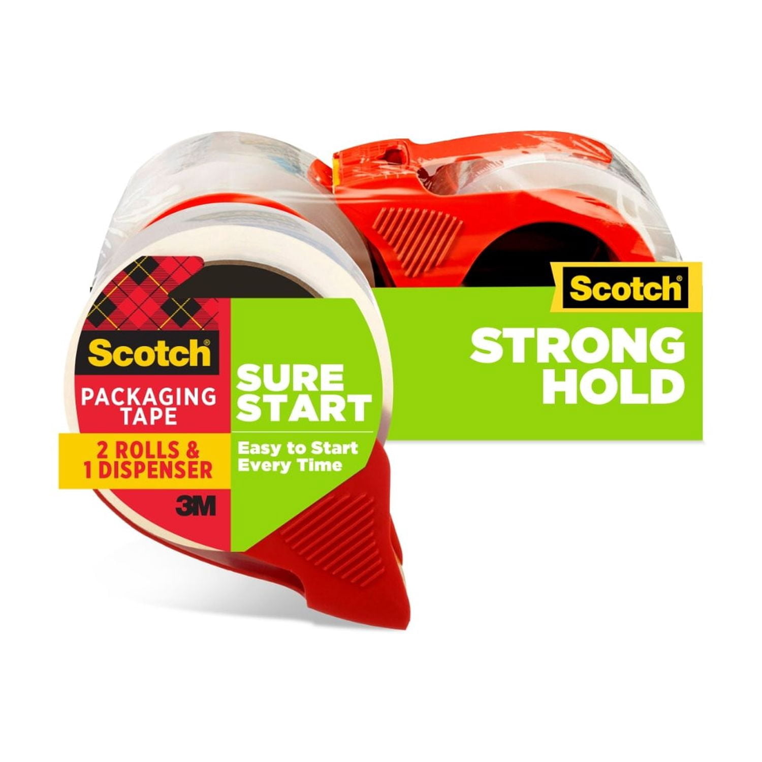 Scotch Sure Start Shipping Packaging Tape, Clear, 1.88 in. x 38.2 yd., 2 Rolls and 1 Dispenser