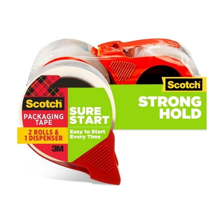 Scotch Sure Start Shipping Packaging Tape, Clear, 1.88 in. x 38.2 yd., 2 Rolls and 1 Dispenser