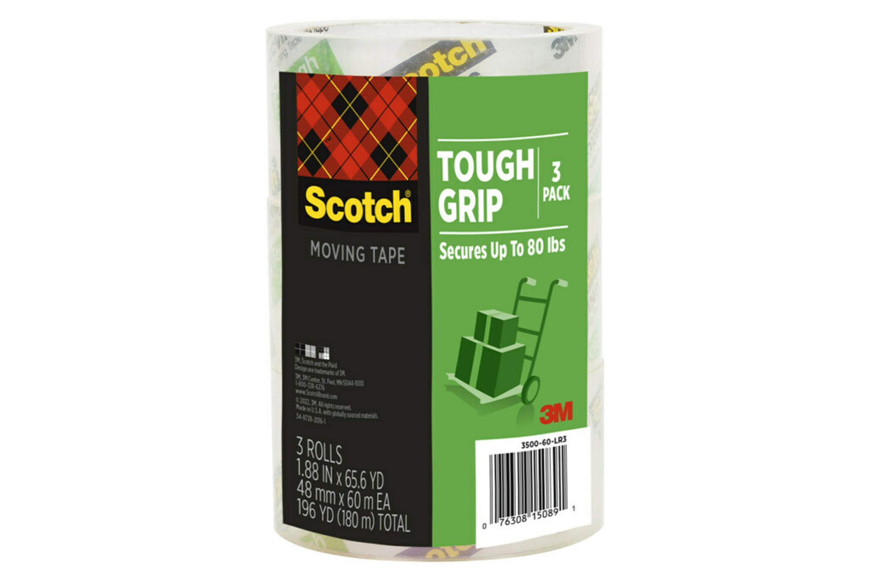 Scotch Tough Grip Moving Packing Tape, Clear, 1.88 in. x 65.6 yd., 3