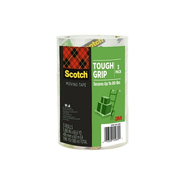 Scotch Tough Grip Moving Packing Tape, Clear, 1.88 in. x 65.6 yd., 3