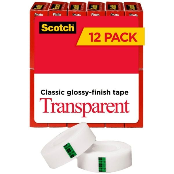 Scotch Transparent Tape, 1" Core, 0.75" x 83.33 ft, Transparent, 12/Pack, Each