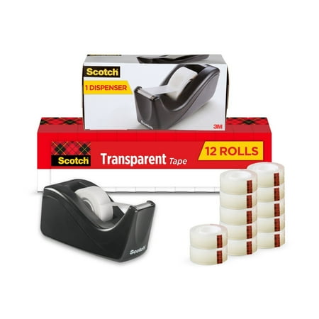Scotch Transparent Tape with Black Dispenser, 3/4 in x 1000 in, 1 Roll