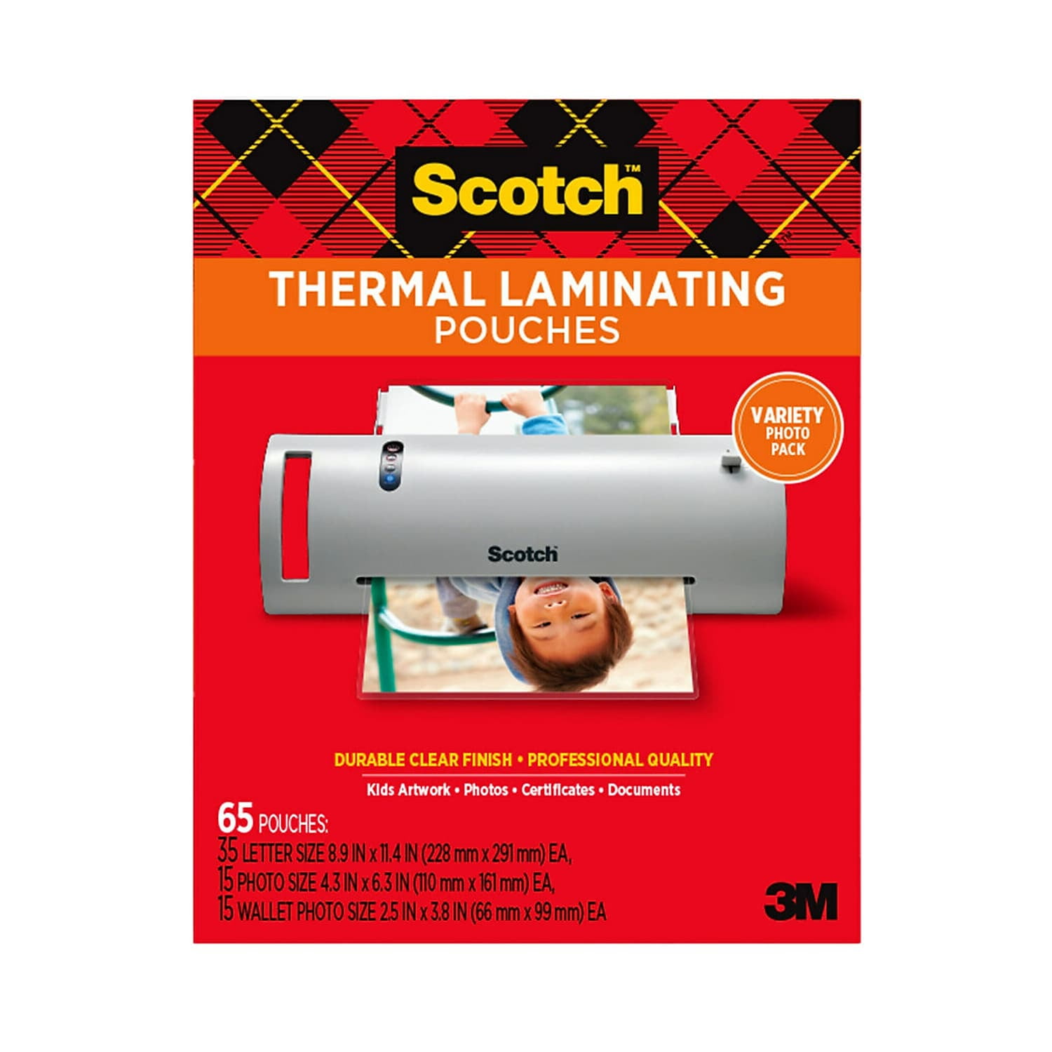 Scotch Thermal Laminating Pouches Variety Pack, Includes 35 Letter Size, 15 Standard Photo Size, and 15 Small Photo, 3 and 5 Mil, 65 Total Laminating Sheets