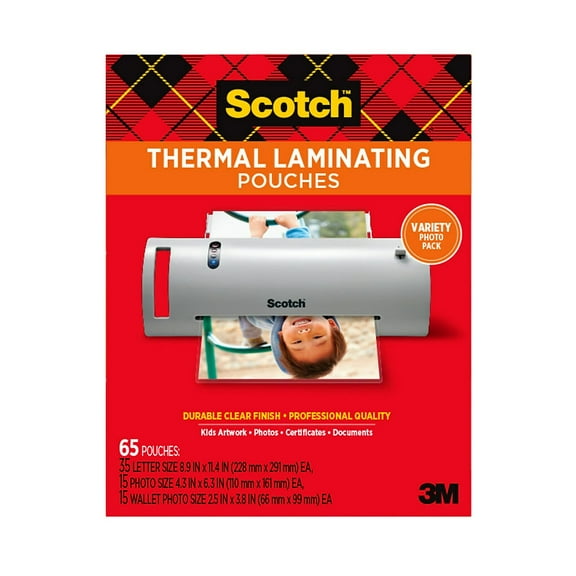 Scotch Thermal Laminating Pouches Variety Pack, Includes 35 Letter Size, 15 Standard Photo Size, and 15 Small Photo, 3 and 5 Mil, 65 Total Laminating Sheets