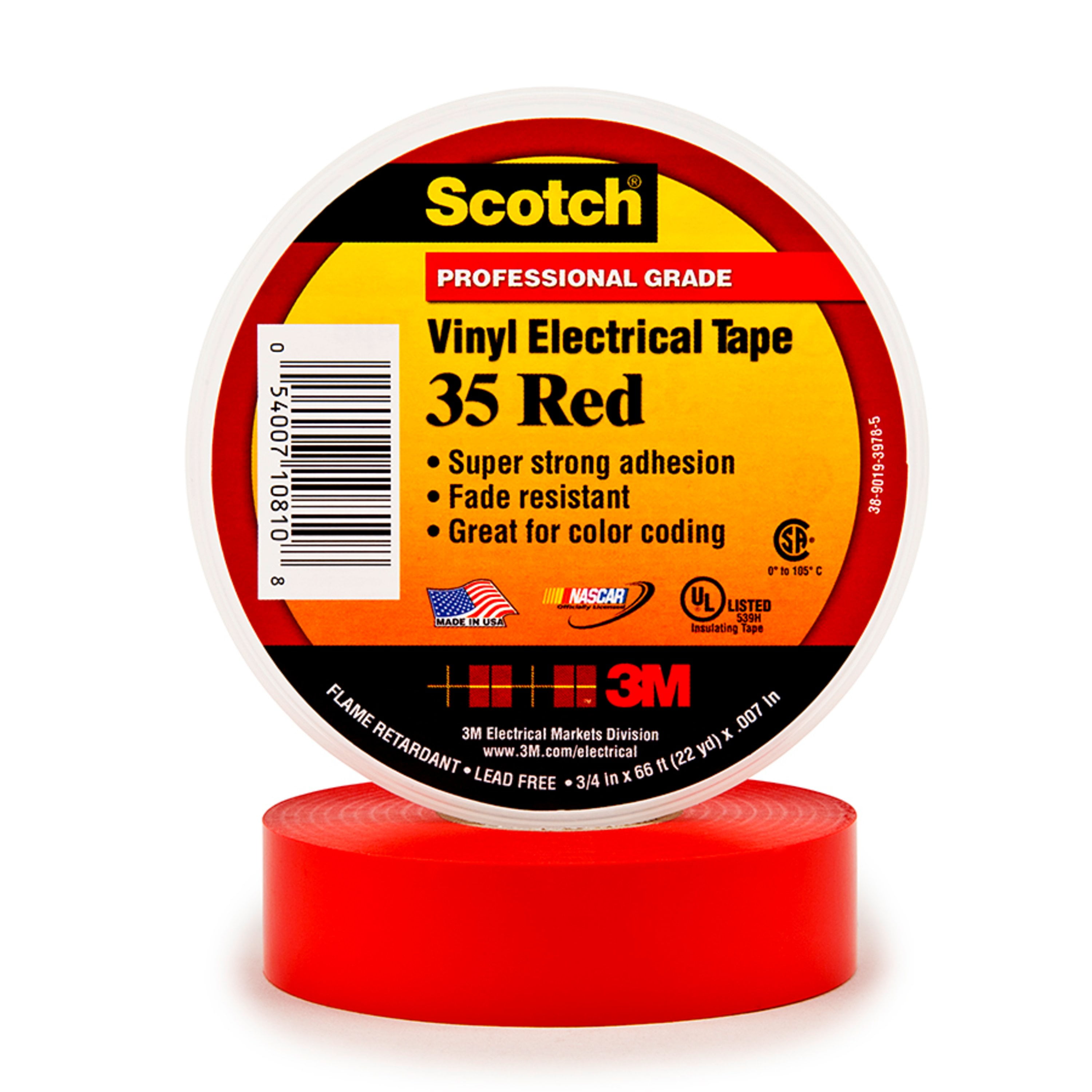 Scotch Vinyl Color Coding Electrical Tape 35, 1/2 in x 20 ft, Red, 10 rolls/carton, 100 rolls/Case