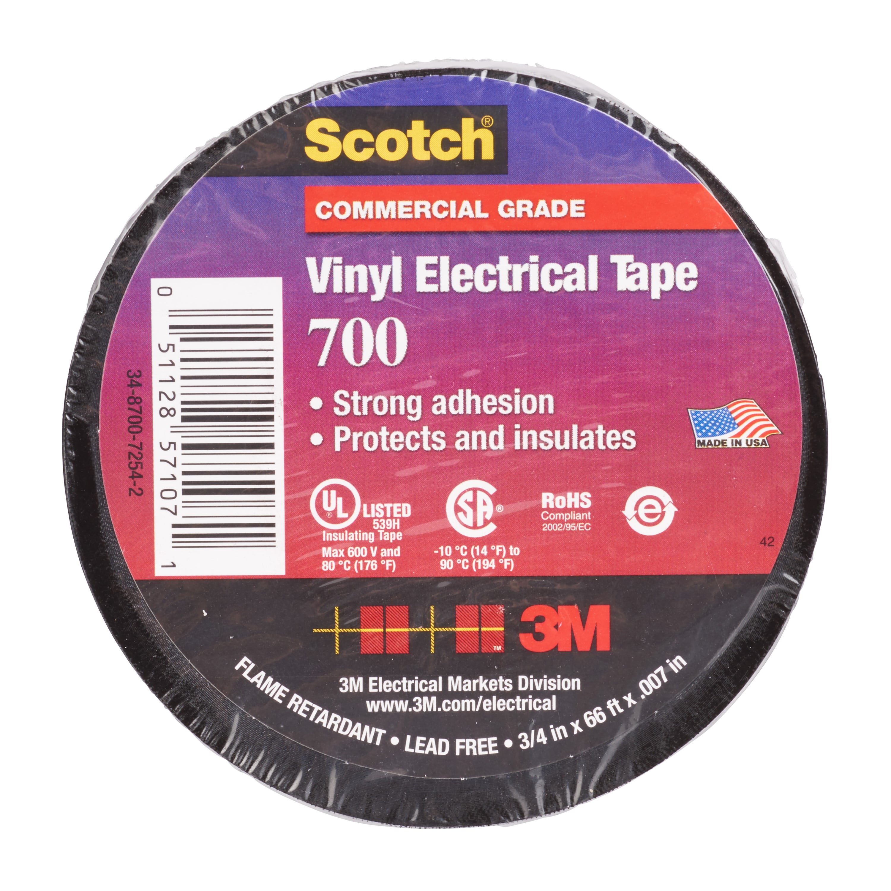 Scotch Vinyl Electrical Tape 700, 2 in x 20 ft, Black, 100 rolls/Case, NO SHRINKWRAP