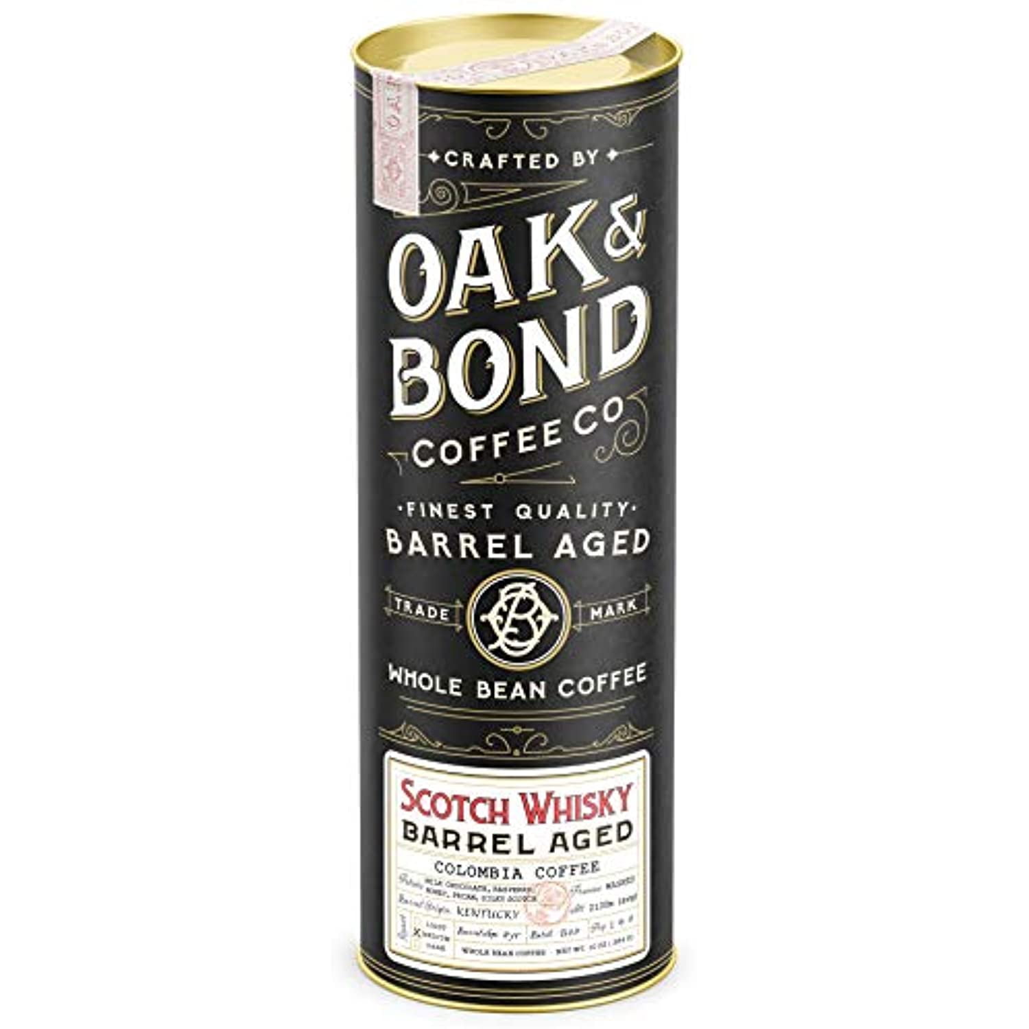 Scotch Whisky Barrel Aged Coffee - Whole Bean Coffee, Colombia Medium Roast Coffee Aged in Scotch Whisky Barrels by Oak & Bond Coffee Co. - 10 oz